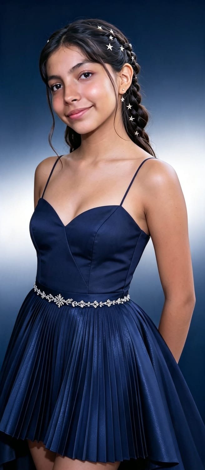 Paloma con vestido azul y estrellas en el cabello